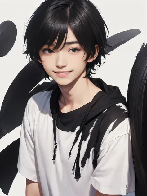 (((Masterpiece))), (high quality), one Japanese boy, 18 years old,(tall and thin,sleepy droopy eyes, long face,thin cheeks:1.5),(black shaggy short hair,blank expression,smile:1.5),Short Hair,Perm,White shirt,(Plain background:1.5),