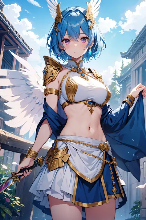 4K,High resolution,One Woman,Blue Hair,Short Hair,Pink eyes,Big Breasts,Valkyrie,White sacred armor,Winged headgear,Jewelry decoration,Gold decoration,Holy Long Sword,Temple in the Sky