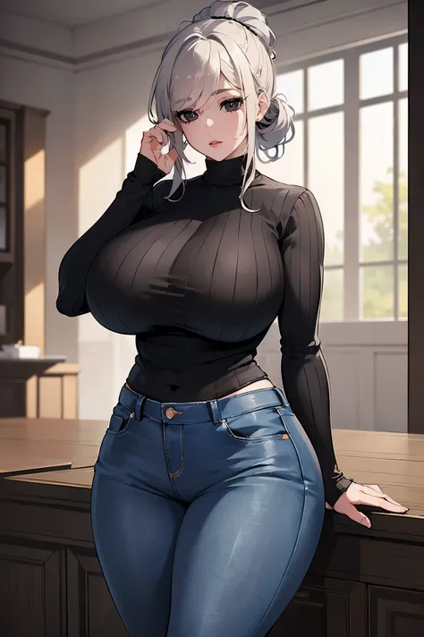 (Uhd, Masterpiece, Textured Skin, Super Detail, High Details, High Quality, Best Quality), Detailed Face, 1woman, mature pretty woman:1.5, ((Wide hips, thick thighs, massive huge breasts)), gray hair tied up, (Black sweater shirt), jeans, (Huge Body), (Hai...