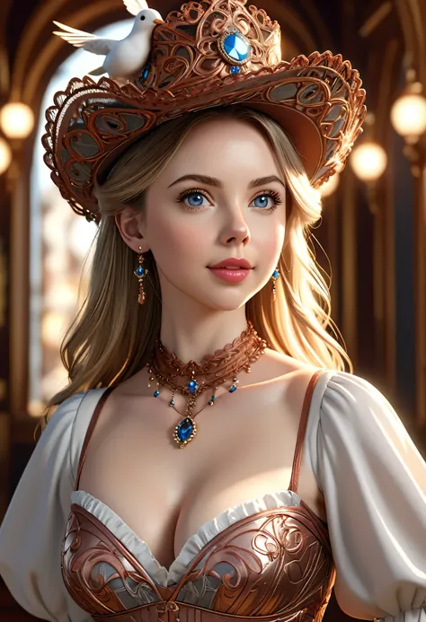 extremely pretty, women&#39;s victorian long blonde hair, perky breasts, neckleace, ornate choker made of copper wires.  Dickensian dress made of braided copper wire. Large women&#39;s Victorian hat woven in silver ,long Smile, detailedeyes & long, pose se...