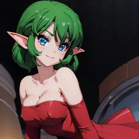  ((masterpiece,best quality,ultra-delicate,Perfect Face,16k,high resolution,very beautiful girl)),medium short green hair, seductive pose,Red strapless bodycon tube dress ,Red long arm sleeves,red high heels,Elf Girl,large Breasts,blue eyes,Beautiful smile...