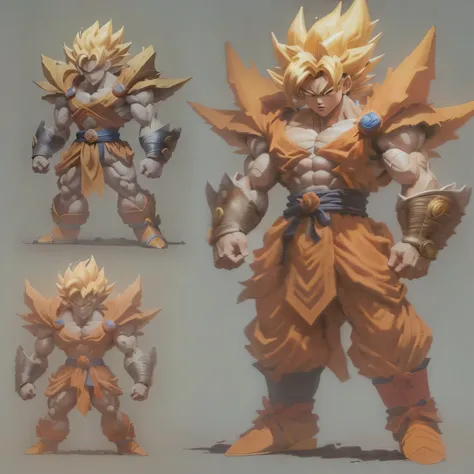 a close up of a model of a Goku with different poses, arte conceitual de Dragon Ball, Super Saiyajin, Super Saiyajin Goku, armadura saiyajin, photorealistic human Goku, super sayian Goku, Super Saiyajin 3, human Goku, super querido, broly, estilo dragon ba...