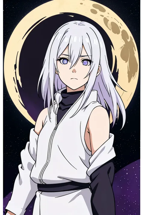 (high-quality, breathtaking),(expressive eyes, perfect face) portrait, Symmetrical Eyes, 1girl, solo, teenager age, short height, white hair, white coloured eyes, byakugan, anime naruto art style, long hair, fluffy hair, feminine face, sky background, moon...