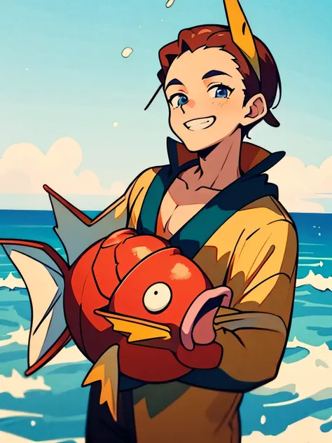 magikarp headgear,solo,young man,brown color short male's hair,male eyes, male nose, male mouth, tsurime, big forehead, grin, ma...