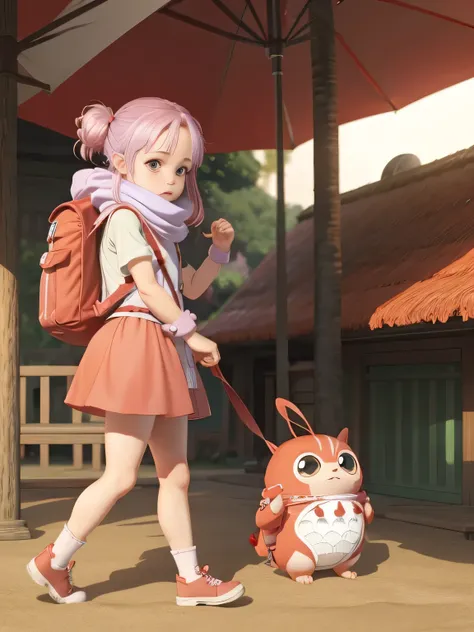 small cute red and white creature with only two legs,big eyes,bagpack,scarf,side view,ghibli style