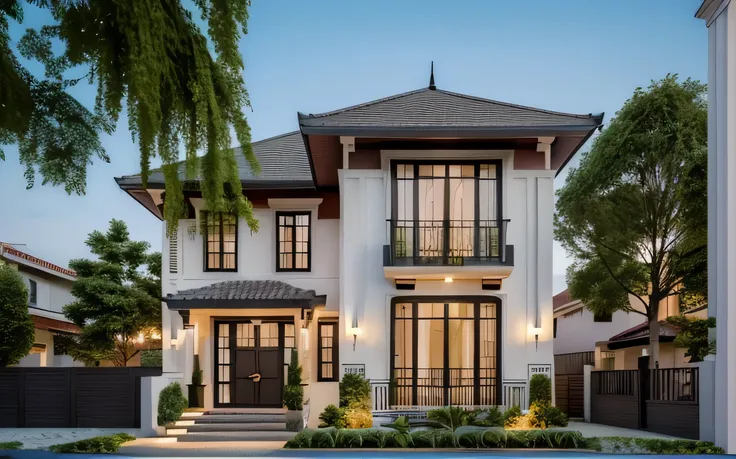 (Townhouse in city ,close houses and trees), (indochine style architecture) daylight ( best quality) ((high solution)) ,(( photo realistic)) ,warm light, soft lighting, warm atmosphere,high Resolution, hyper detailed,4k ,vray render, octane render, hyper ...