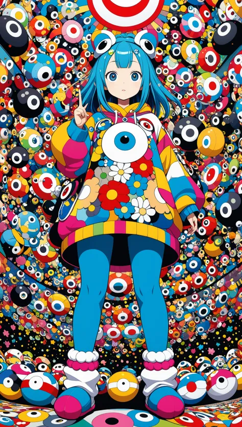 in style of Takashi Murakami, character concept design, legs，fullbdoy shot,(((oversize leg warmers))),wide angle, form below,oversize clothes,leaning forward,pointing at viewer，Sit on the high step