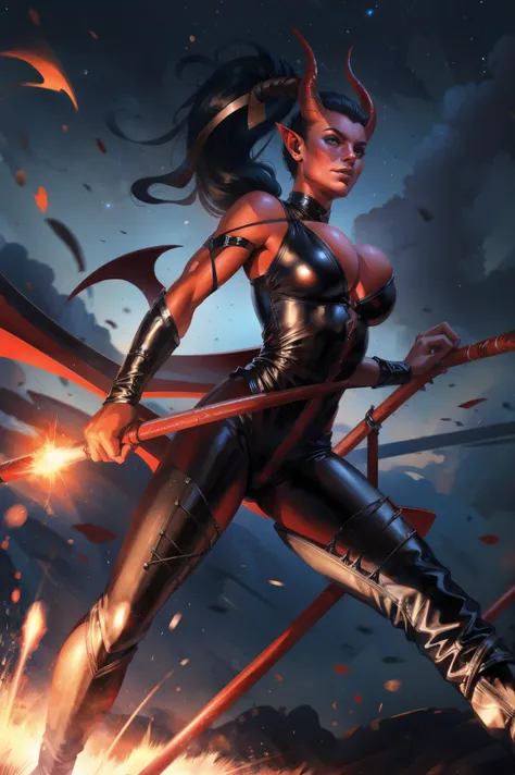 Red skin succubus tiefling, medium breasts, black horns, wings, huge tail, black leather, tall, toned, graceful, thin, long black ponytail. Action scene, whip. Dark scene, explosions, night sky.