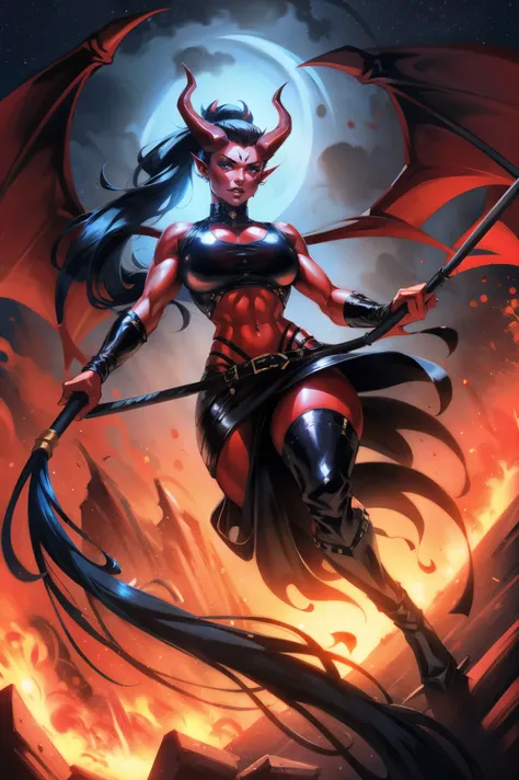 Red skin succubus tiefling, medium breasts, black horns, wings, huge tail, black leather, crop top, long flowing pelvic curtain, tall, toned, graceful, thin, long black ponytail. Action scene, whip. Dark scene, explosions, night sky.