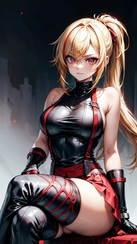 she is back, insane smile,(masterpiece, best quality:1.2)blonde, , red glowing eyes, red eyes, the eyes are red, perfect face, strong make up, sherp eyes, highres, 1 girl, ultra long ponytail, (female:1.5),red longskirt, strife, blonde and red hair streake...