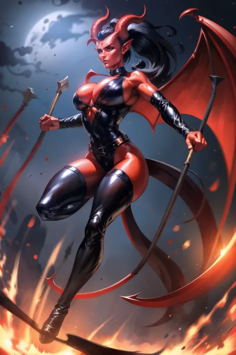 Red skin succubus tiefling, medium breasts, black horns, wings, huge tail, black leather, tall, toned, graceful, thin, long black ponytail. Action scene, whip. Dark scene, explosions, night sky.