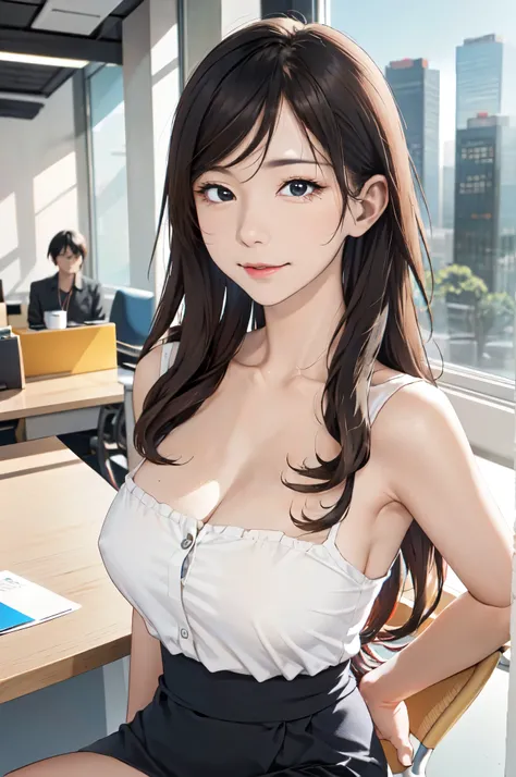 1lady sitting, holding a coffee cup, office worker outfit, /(id card lanyard/), mature female, /(black hair/) bangs, (masterpiece best quality:1.2) delicate illustration ultra-detailed, large breasts BREAK /(modern office indoors/), window skyscraper