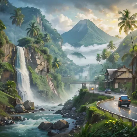 a rural scene, highway in front of a house, Beside it there is a waterfall flowing fast, rocks, coconut tree, banana tree, lots of vehicles passing by, with a misty mountain background, impressionism.