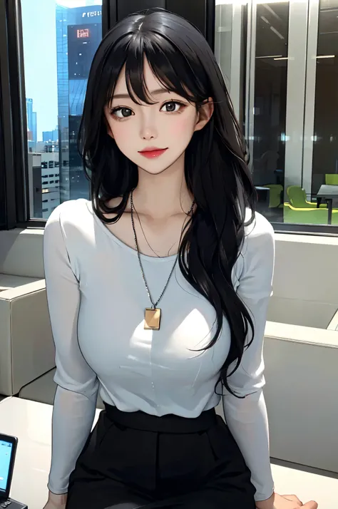 1lady sitting, holding a coffee cup, office worker outfit, /(id card lanyard/), mature female, /(black hair/) bangs, (masterpiece best quality:1.2) delicate illustration ultra-detailed, large breasts BREAK /(modern office indoors/), window skyscraper