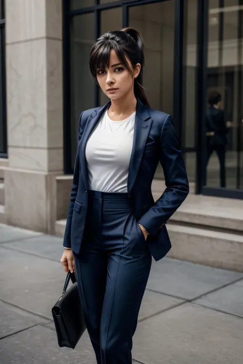 Portrait of a woman as a CEO, tailored dark blue tailored suit, blazer, pants, turned body, small waist, high cheekbones, thick lips, ponytail with side bangs, high, white t-shirt, Alizée