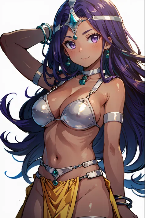 1girl, solo, dqManya, white background, cowboy shot, purple hair, bikini, loincloth, large breasts, cleavage, soft stomach, circlet, earrings, choker, bracelet, armlet, closed mouth, smile, blush