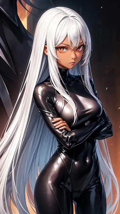 highest quality、Realistic、zoom、girl、Silver Hair、Orange eyes、Long Straight Hair、Hero Suit、Glossy bodysuit、Brown Skin、Black body、Dark skin、Black Chest、Arms crossed、Bust Shot