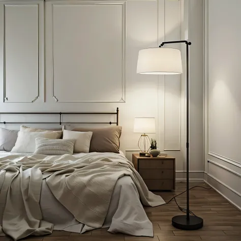 There is a bed，There is a lamp and a bedspread on it., floor lamp, Luxury floor lamp, Realistic lighting, Realistic and lifelike images, Soft lighting in the room, Soft warm lighting, Artificial warm lighting, Warm ambient light, Comfortable lighting, famo...