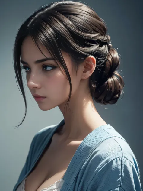 8K, Top quality, masterpiece:1.2), (Practical, photo-Practical:1.37), Top quality, masterpiece, Beautiful young woman, Thoughtful expression, Thoughtful eyes, Wear sexy clothes, Hair tied at the back, Mood disorder, background, tired, Light blue