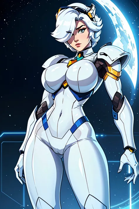 Superior image quality,ultra high definition,8K,Close-up of a cartoon character with very large breasts, elegant white armor brilhante, in white futuristic armor, elegant white armor, gynoid cyborg body, Shiny high-tech armor, silver eyes full body, lunar ...