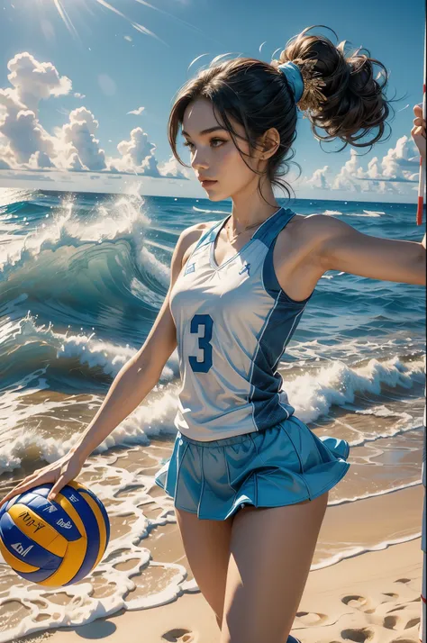 (((best quality))), (((ultra detailed))), (((masterpiece))), illustration, ((a beautiful girl,volleyball player,solo)),((slim,th...