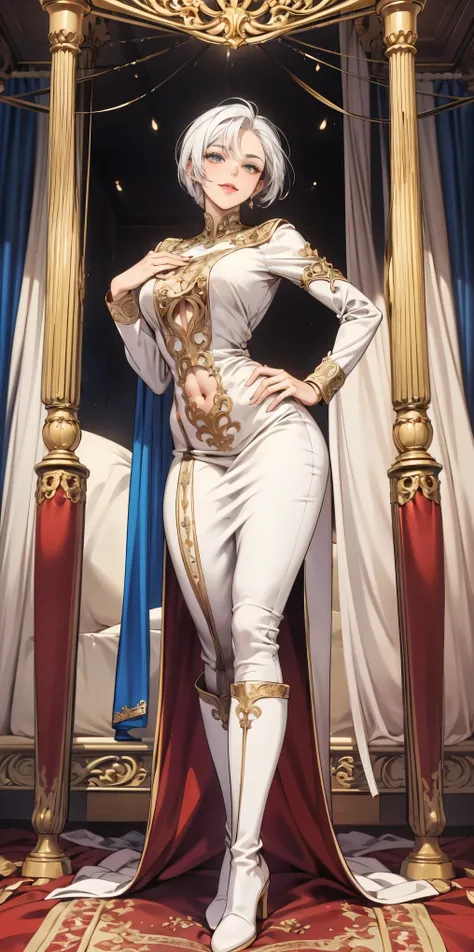 Setting: Royal bedroom - Grand, opulent, with rich fabrics and tapestries Character: Appearance: White hair - Short, styled in a sharp bob Full figure - Curvaceous Attire: High boots - Leather, reaching up the calves Elegant outfit - Befitting the royal se...