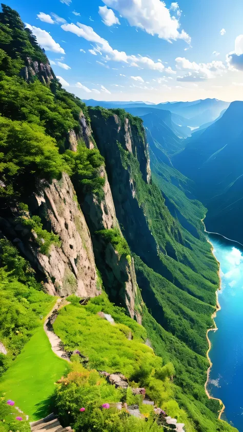 masterpiece, Ultimate Quality, CG Unity 8k Wallpaper, Very delicate, Beautiful sky and clouds, Rich natural scenery, cliff, Lakes and Rivers, Waterfalls and running water, Beautiful green mountain々, No trace of human presence, Nice views, I&#39;ve already ...