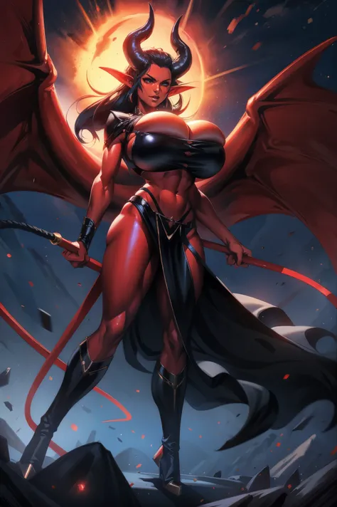 Red skin succubus tiefling, gigantic breasts, black horns, wings, huge tail, black leather, crop top, long flowing pelvic curtain, tall, toned, graceful, thin, long black ponytail. Action scene, whip. Dark scene, explosions, night sky.