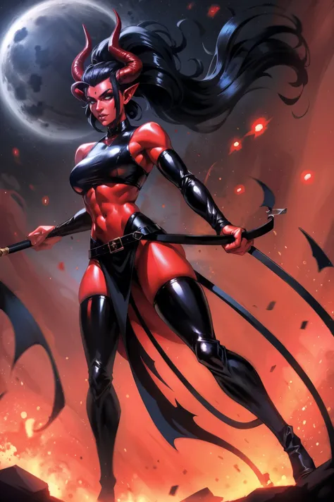 Red skin succubus tiefling, medium breasts, black horns, wings, huge tail, black leather, crop top, long flowing pelvic curtain, tall, toned, graceful, thin, long black ponytail. Action scene, whip. Dark scene, explosions, night sky.