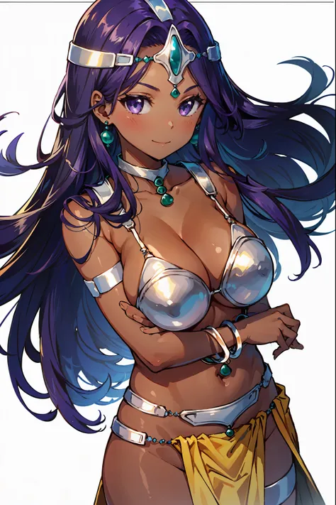 1girl, solo, dqManya, white background, cowboy shot, purple hair, bikini, loincloth, large breasts, cleavage, soft stomach, circlet, earrings, choker, bracelet, armlet, closed mouth, smile, blush