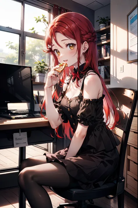 rikosakurauchi, Riko Sakurauchi, (Brown eyes:1.5), Hair between the eyes, Long Hair, (Redhead:1.5), (Small breasts:1.2), smile,blush,Open your mouth,Cold Shoulder Shirt,Short sleeve,Long skirt,Black pantyhose,Stiletto heels,Sitting in a chair,is holding a ...