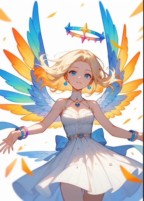 (Fraction_9,Fraction_8_Direction_7_up),1 Woman,Girl Angel,blond,Blue Eyes,wing,Colorful wings,White Skirt,beautiful_Face,