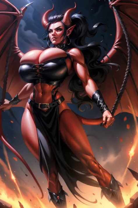 Red skin succubus tiefling, large breasts, black horns, wings, huge tail, black leather, crop top, long flowing pelvic curtain, tall, toned, graceful, thin, long black ponytail. Action scene, whip. Dark scene, explosions, night sky.