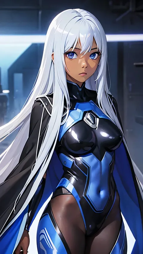 highest quality、Realistic、zoom、girl、Silver Hair、Cobalt blue eyes、Long Straight Hair、Hero Suit、Glossy bodysuit、Cape、Brown Skin、Black body、Dark skin、Black Chest、Arms crossed、Bust Shot