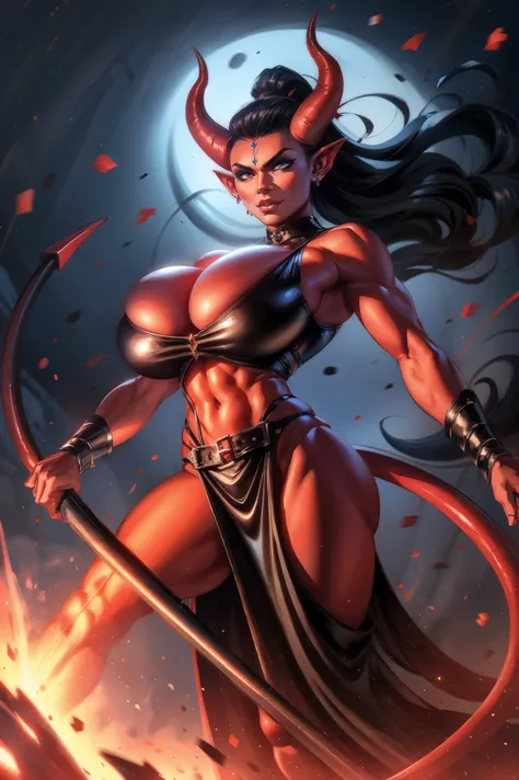 Red skin succubus tiefling, large breasts, black horns, wings, huge tail, black leather, crop top, long flowing pelvic curtain, tall, toned, graceful, thin, long black ponytail. Action scene, whip. Dark scene, explosions, night sky.