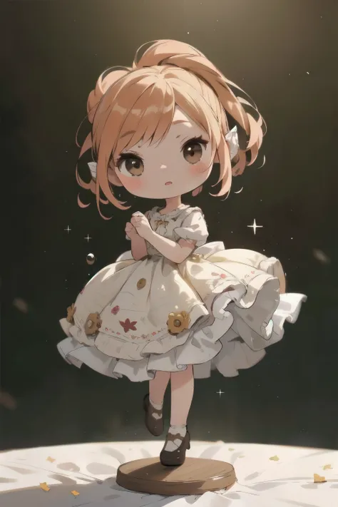 Chibi Girl Doll、Spinning gracefully、Dresses fluttering in the wind、Detailed facial features、Aggressive composition、Elegant hairstyle、Delicate feminine figure、Photorealistic、high quality、Ultra-realistic、Very detailed、Cinematic lighting、Warm color palette、Dr...