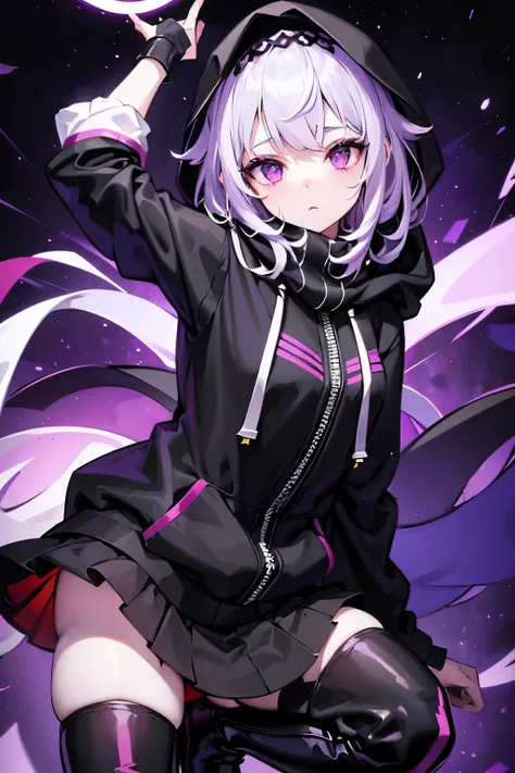 Girl, White skin, dark Purple short and messy hair with a black flower crown, Black oversized closed hoodie with a red stripe and with a hood over the head, Black skirt, Black thigh high heel boots, A long purple scarf, Purple eyes, 2 galactic wings, Starr...