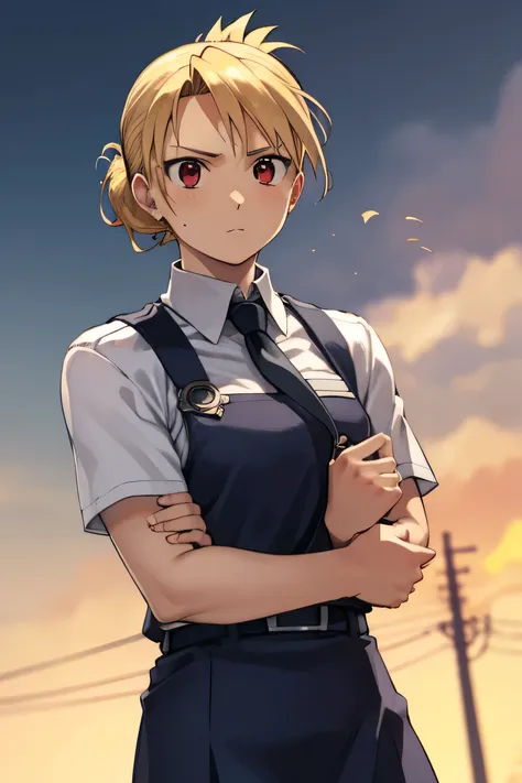 it will happen to you, riza hawkeye, blonde, (iris:1.5), folded ponytail, breaking shirt, short sleeve, earrings, pants, uniform...