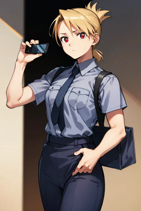 it will happen to you, riza hawkeye, blonde, (iris:1.5), folded ponytail, breaking shirt, short sleeve, earrings, pants, uniform...