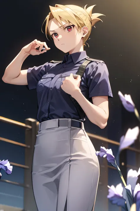 it will happen to you, riza hawkeye, blonde, (iris:1.5), folded ponytail, breaking shirt, short sleeve, earrings, pants, uniform...