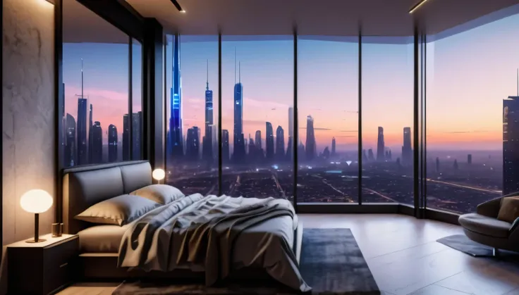 interior design of a sci high-tech bedroom with one glass wall looking out on a high tech highrise city,inside the penthouse apa...