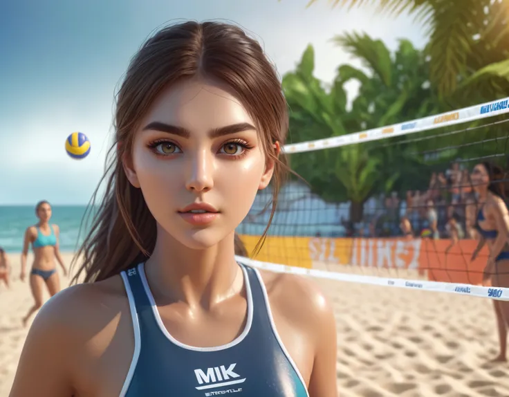 ((a girl playing Beach Volleyball)), beautiful detailed eyes, beautiful detailed lips, extremely detailed face, longeyelashes, photorealistic, 8k, cinematic lighting, dramatic colors, intricate details, lush foliage, warm tones, magical atmosphere