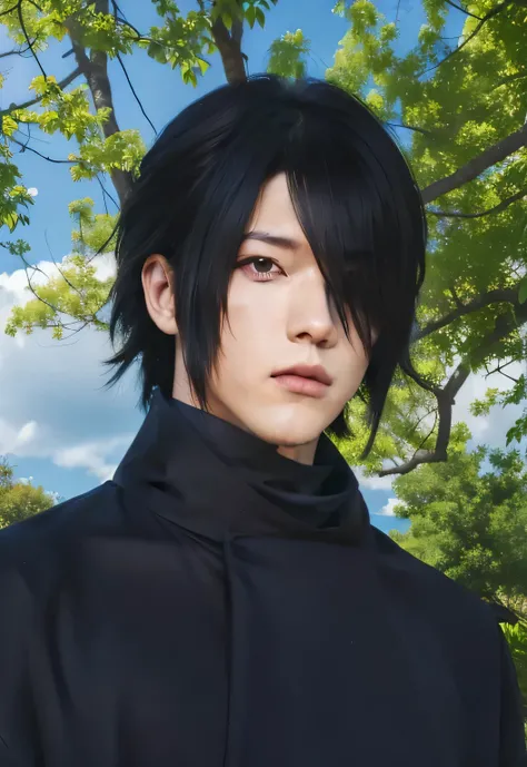 real Life adaption of this character,his name is Sasuke uchiha from anime naruto ,hyper realistic,detail realistic hairstyle ,(1 eye covered by hair), high resolution, photorealistic,very detailed,realistic outfit Black robe ,((korean teen handsome)) ,deta...