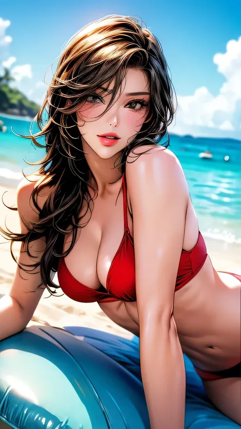 (Best lighting, Best Shadow, masterpiece, high quality), colorful, Vibrant, Summer mood, lots of bright colors, Beautiful woman in a red bikini set, Hair loss, Sit on the clear water and white sand, Bright blue sky. masterpiece, 最high quality, high quality...