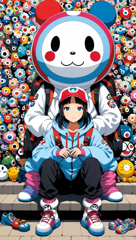 in style of Takashi Murakami, character concept design,big Travel backpack，cap，fullbdoy shot,(((oversize leg warmers))),wide angle, form below,oversize clothes,leaning forward，Sit on the high step