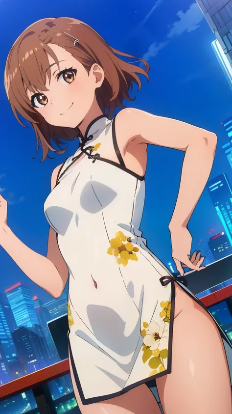 (masterpiece, best quality, 8k:1.2),Very detailed, (anime:1.1), misaka_mikoto, brown hair, medium hair, hairpin, medium breasts, 1girl, (China dress,Show off your thighs,smiling,city), dutch angle, looking at viewer,