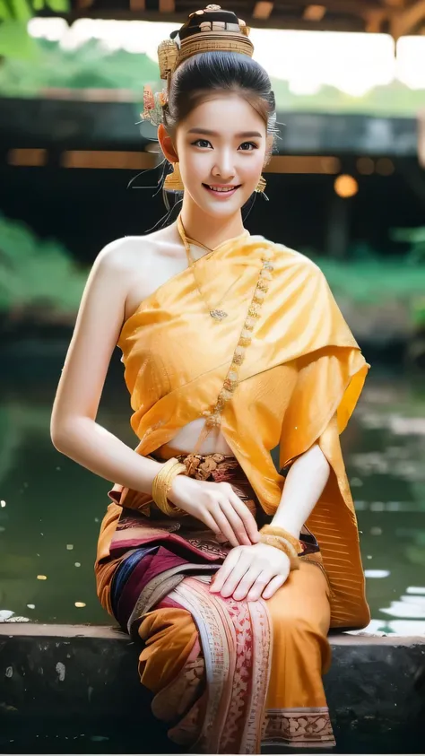 beautiful girl ,Thai women'warrior, walking at thai measure, dynamic poses, Thai Chat Set, Strapless shirt, long hair,black eyes,abdominal muscles, plump body, rounded chest, (big breast:1.3), rift, morning sun, staring at the audience, (sexy poses), (...