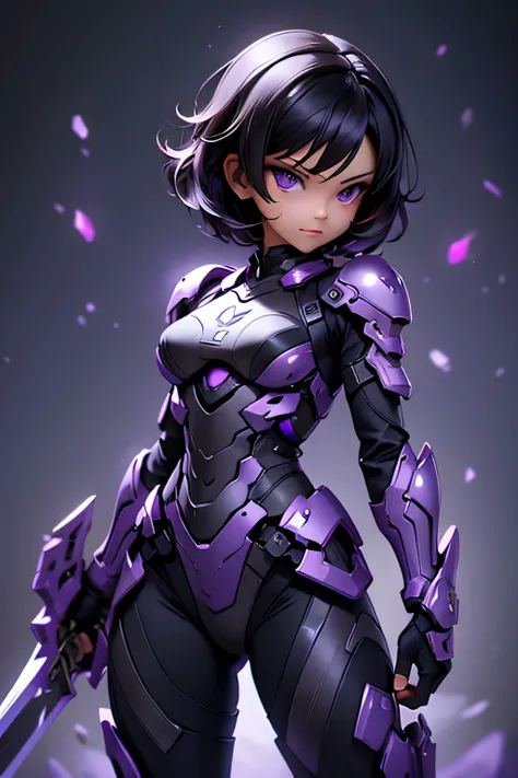 milf, small breasts, Short black hair, Brown eyes, heintai combat suit, with legendary purple sword in right hand