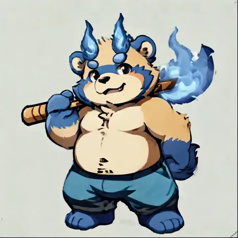 solo, botailang,Cute face, (baseball cap, Wielding Baseball bat) ,(Sideways, sidled), Chubby,(white eyebrows:1.1),(perfect black eyes),Simple background, Blue Background,print style。（Artist:Takemoto Arashi），blue fire ，tanuki