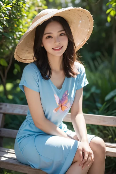 masterpiece, super detailed face, super detailed teeth and big eyes of extremely beautiful woman holding traditional Vietnamese conical hat, gorgeous face and beautiful white teeth, sitting on a stone bench in the yard The beautiful small garden in front o...